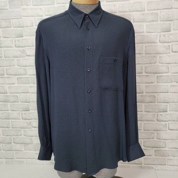 ZANELLA Mens Size L Blue Black Checkered Geometric Button‎ Up Long Sleeve Italy - Picture 1 of 8